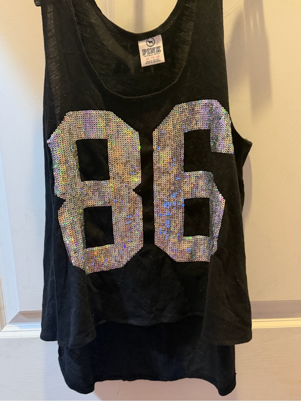 PINK Victoria's Secret Black Tank Top with Iridescent Sequin '86' XS